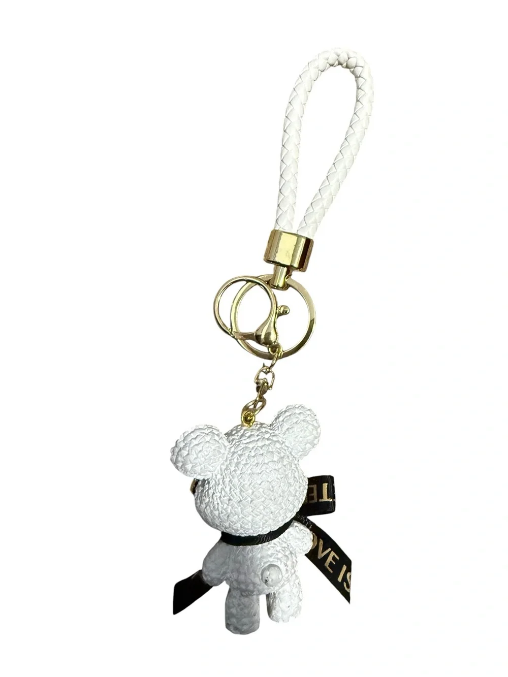 White Teddy Bear Keychain with Gold Hardware and Black Ribbon